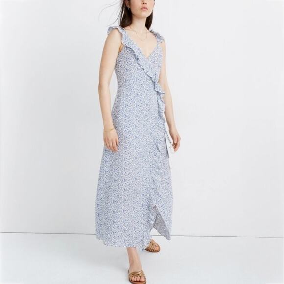 NWT Madewell Ruffled Wrap Maxi Dress Americana Floral size 14 Blue White Boho - Picture 1 of 9